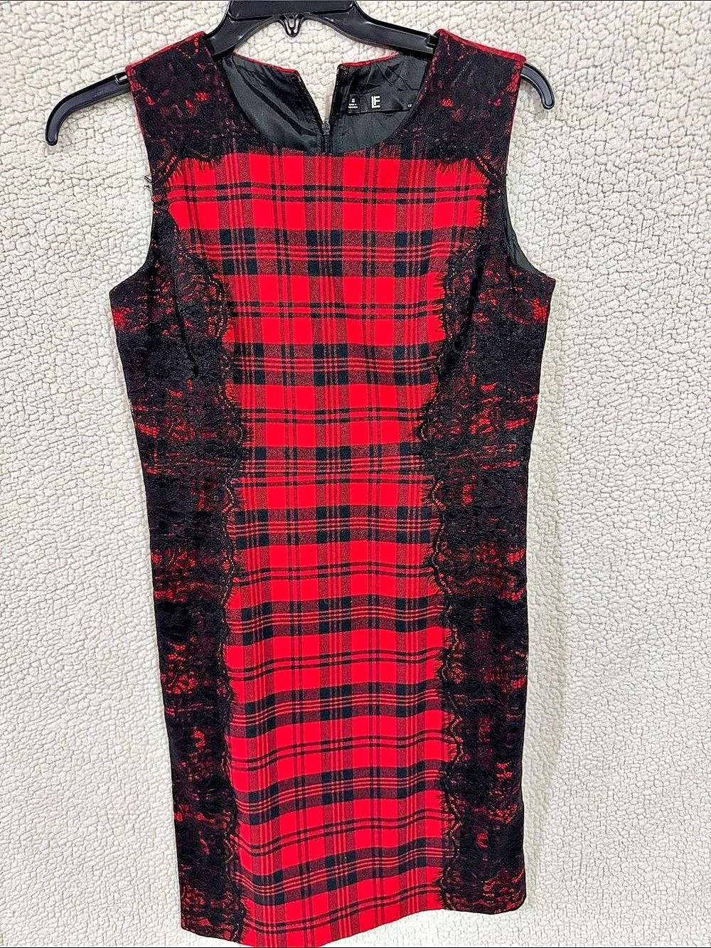 E Plaid Lace Mini Dress in Red & Black Size Large Like New
